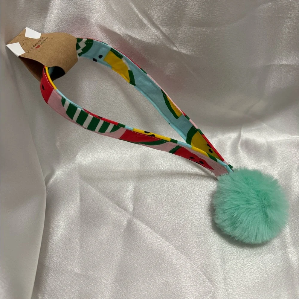 Handmade Colorful Watermelon Print Wristlet Keychain with Mint Green Pompom